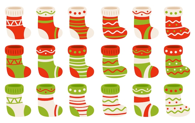 Conjunto de calcetín de Navidad en estilo plano aislado