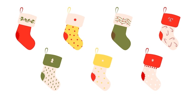 Conjunto de calcetines de Año Nuevo de invierno Elemento de ropa plana y atributos de la celebración de invierno con diferentes diseños patrones colores y dibujos Medias de colores festivas