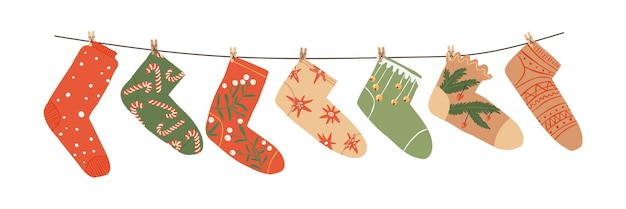 Un conjunto de calcetines colgantes en un hilo dibujado en una ilustración vectorial dibujada a mano de estilo plano