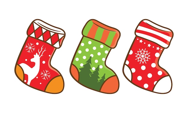 Un conjunto de calcetines de Navidad para las vacaciones Diseño plano de dibujos animados Vector