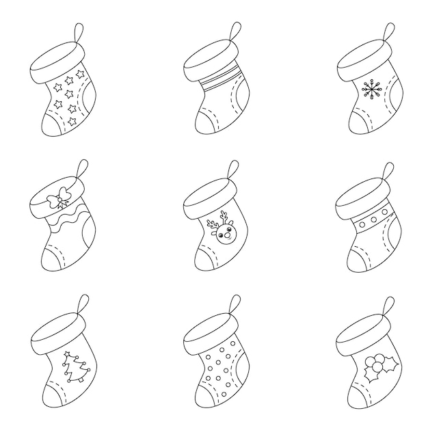 Conjunto de calcetines navideños en blanco y negro. Colección de ilustraciones.