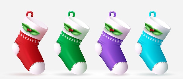 Vector conjunto de calcetines navideños diseño vectorial calcetines navideños de santa y colección de adornos de medias coloridas