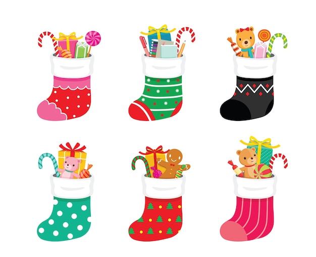 Conjunto de calcetines navideños grandes y coloridos llenos de regalos en el interior para niños el día de navidad