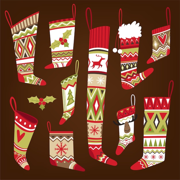 Conjunto de calcetines navideños de punto multicolor estampados de diferentes formas