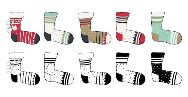 Un conjunto de calcetines con un patrón de diferentes colores y líneas negras Elemento de invierno de prendas de vestir