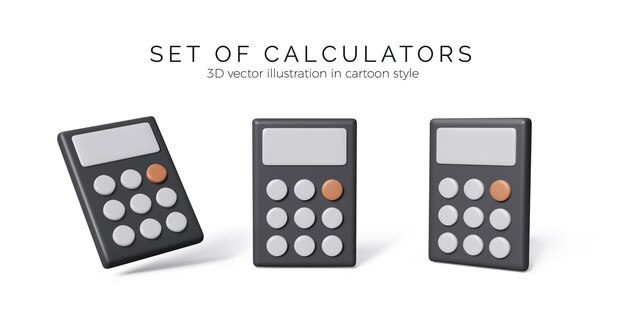 Conjunto de calculadora Calculadora de Office en colores negros con diferentes vistas Calculadora realista en 3D
