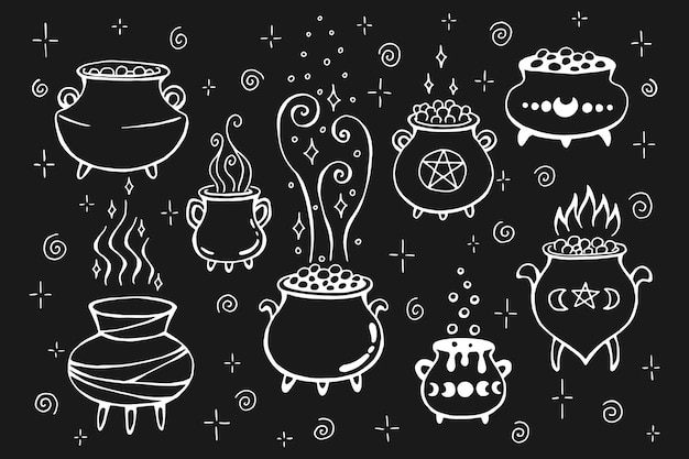 Conjunto de caldero de brujas Ilustración de vector dibujado a mano