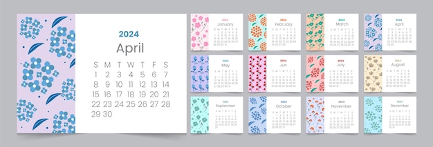 Conjunto de calendario mensual de flores japonesas 2024 12 meses