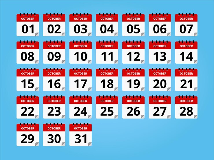 Vector conjunto de calendario de octubre en colores rojo y blanco para eventos y fiestas de otoño