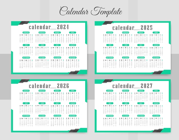 Conjunto de calendario simple para 2024-2027 años plantilla de calendario vectorial de paisaje editable