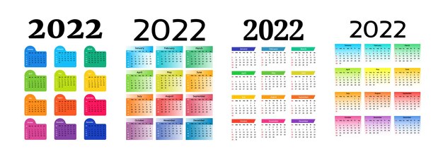 Conjunto de calendarios para 2022 aislado sobre fondo blanco. De domingo a lunes, plantilla de negocios. Ilustración vectorial