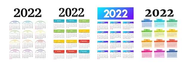 Conjunto de calendarios para 2022 aislado sobre fondo blanco. De domingo a lunes, plantilla de negocios. Ilustración vectorial