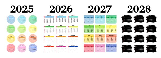 Conjunto de calendarios para 2025 2026 2027 y 2028 sobre un fondo blanco