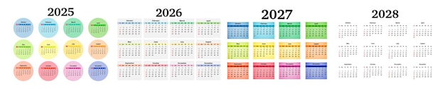Conjunto de calendarios para 2025 2026 2027 y 2028 sobre un fondo blanco