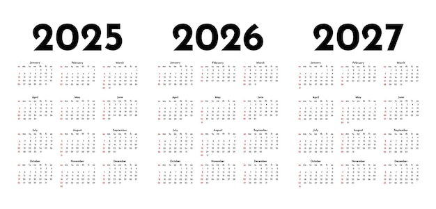 Conjunto de calendarios para 2025 2026 y 2027 sobre un fondo blanco
