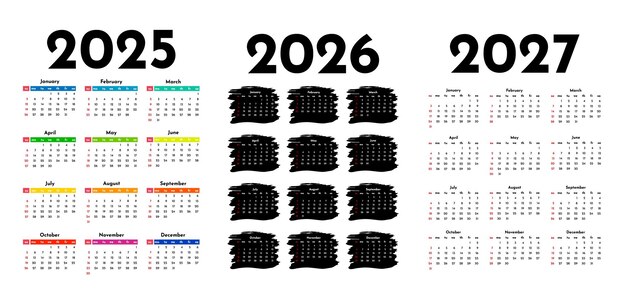 Conjunto de calendarios para 2025 2026 y 2027 sobre un fondo blanco