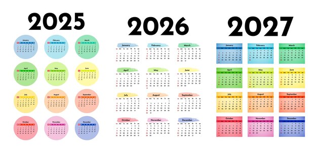 Conjunto de calendarios para 2025 2026 y 2027 sobre un fondo blanco