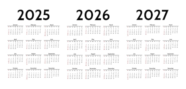 Conjunto de calendarios para 2025 2026 y 2027 sobre un fondo blanco