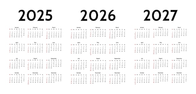 Conjunto de calendarios para 2025 2026 y 2027 sobre un fondo blanco