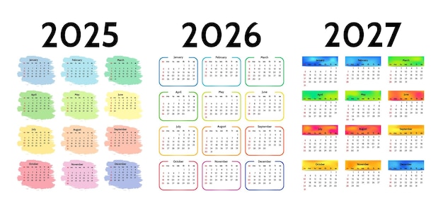 Conjunto de calendarios para 2025 2026 y 2027 sobre un fondo blanco