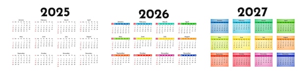 Conjunto de calendarios para 2025 2026 y 2027 sobre un fondo blanco