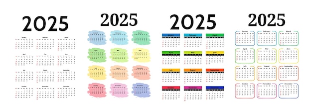 Conjunto de calendarios para 2025 aislados sobre un fondo blanco