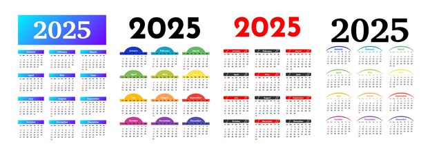 Conjunto de calendarios para 2025 aislados sobre un fondo blanco