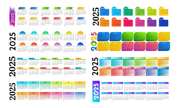 Conjunto de calendarios para 2025 aislados sobre un fondo blanco