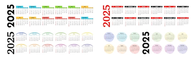 Conjunto de calendarios para 2025 aislados sobre un fondo blanco