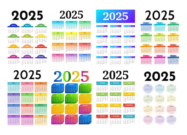 Conjunto de calendarios para 2025 aislados sobre un fondo blanco