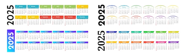 Conjunto de calendarios para 2025 aislados sobre un fondo blanco