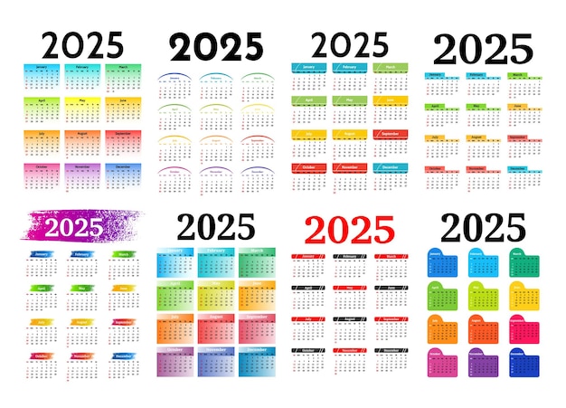 Conjunto de calendarios para 2025 aislados sobre un fondo blanco