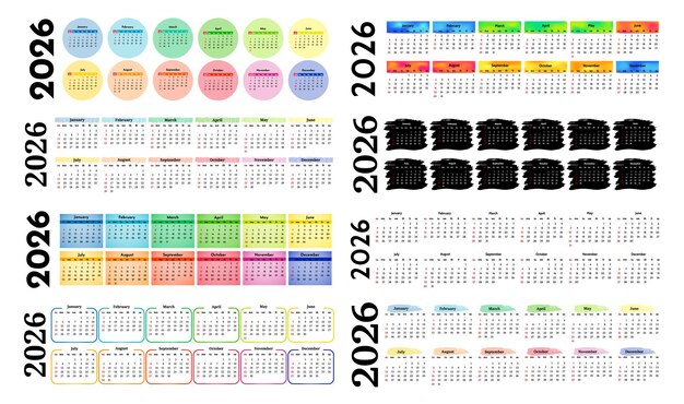 Conjunto de calendarios para 2026 aislados sobre un fondo blanco