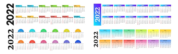 Conjunto de calendarios horizontales para 2022 aislado en un fondo blanco. De domingo a lunes, plantilla de negocios. Ilustración vectorial
