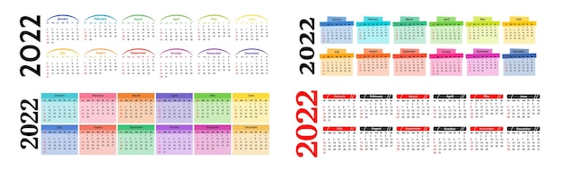 Conjunto de calendarios horizontales para 2022 aislado en un fondo blanco. De domingo a lunes, plantilla de negocios. Ilustración vectorial