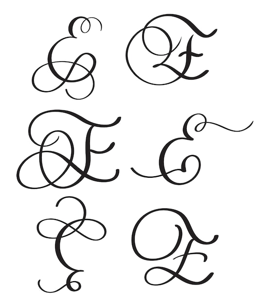 Vector conjunto de caligrafía de arte letra e con floritura de verticilos decorativos vintage ilustración vectorial