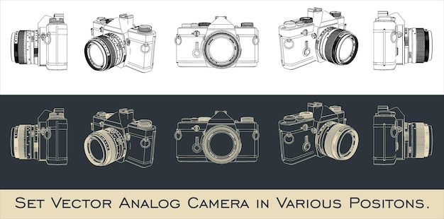 conjunto de cámara analógica retro vectorial con varias posiciones