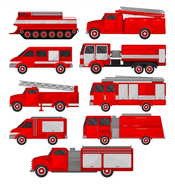 Conjunto de camiones de bomberos, vehículos de emergencia, vista lateral Ilustraciones sobre un fondo blanco.