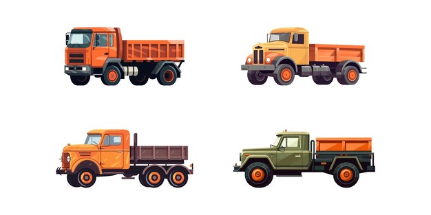 Conjunto de camiones dibujos animados planos aislados sobre fondo blanco Ilustración vectorial
