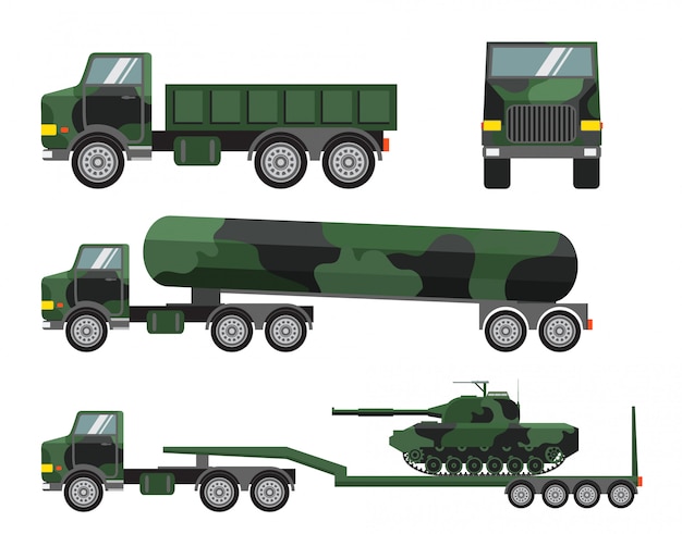 Vector conjunto de camiones militares y tanques del ejército