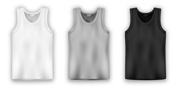 Vector conjunto de camiseta sin mangas en colores blanco, gris y negro. ropa interior de hombre.