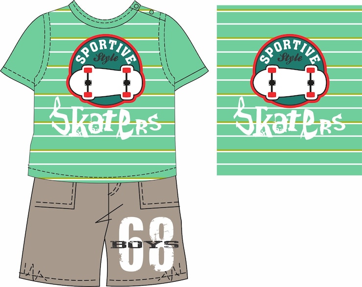 Vector conjunto de camisetas y pantalones cortos de estilo deportivo para skateboard para niños
