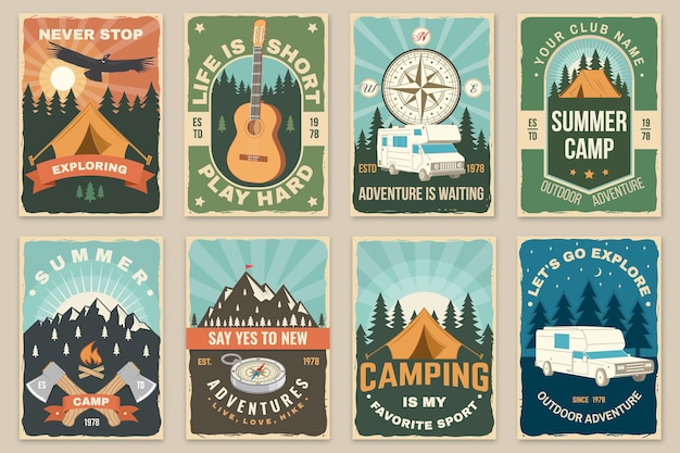 conjunto, de, campamento, cartel, vector