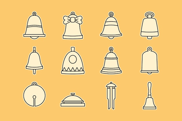 conjunto de campanas ilustración vectorial de contorno sobre fondo amarillo