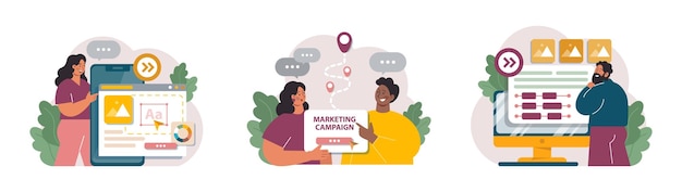 Conjunto de campañas de marketing Publicidad de marca o producto con entretenimiento