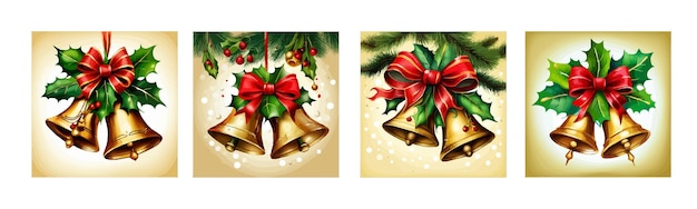 Conjunto de campanas de navidad decoración de dibujos animados de año nuevo arcos y vacaciones de acebo campane de metal dorado plano