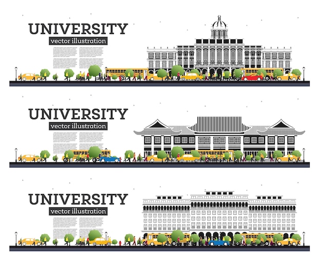 Conjunto de campus universitario banners de estudio aislados en ilustración vectorial blanca