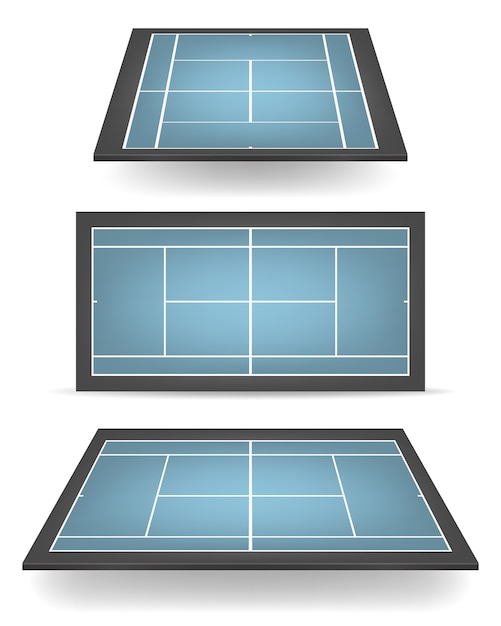 Conjunto de canchas de tenis combinadas - azul y negro - con perspectiva.