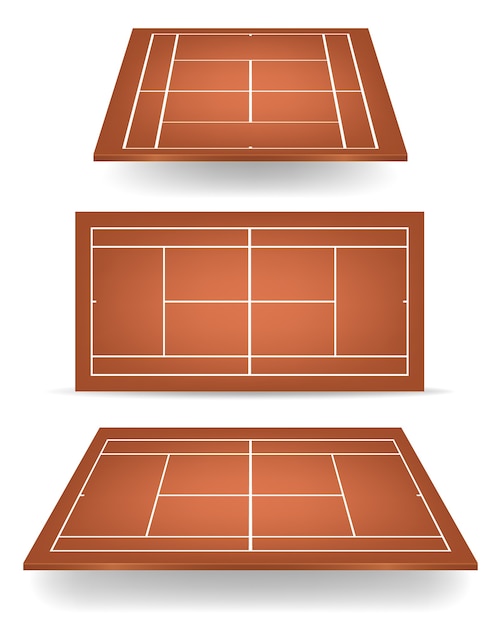 Vector conjunto de canchas de tenis marrones con perspectiva.