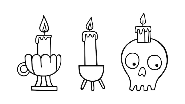 Un conjunto de candelabros vectoriales para Halloween Cráneo de dibujos animados lindo con una vela encendida un candelabro de metal antiguo con un asa una vela larga en un soporte Ilustraciones dibujadas a mano en estilo garabato